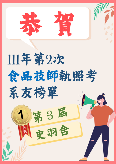 恭賀!本系系友考取𝟏𝟏𝟏年第二次食品技師執照考榜單